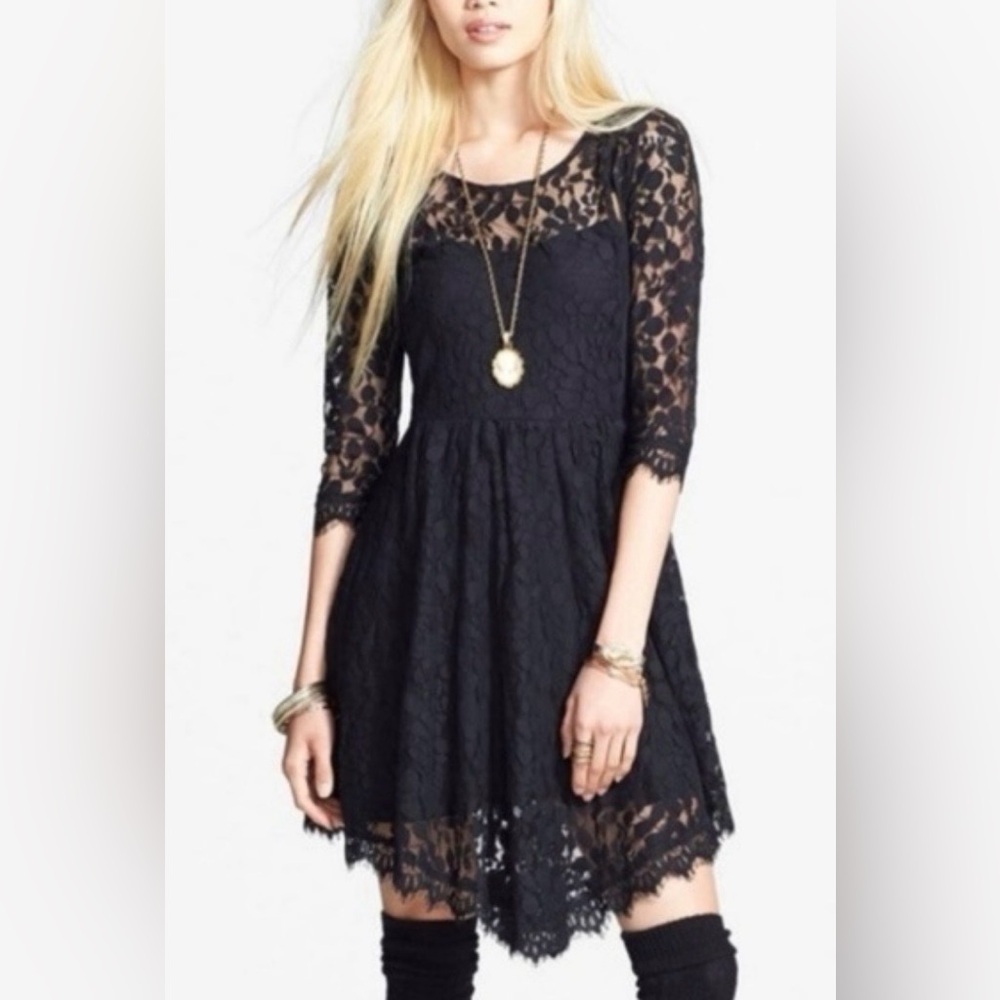 Free People Black Embroidered Floral Mesh Lace Dress Long Sleeve Mini 6 Six